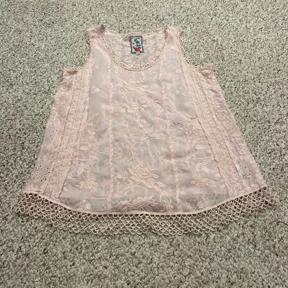 Johnny Was Quynn Embroidered Tank Sz M Pink Eyelet Boho Sheer feminine - Picture 1 of 6